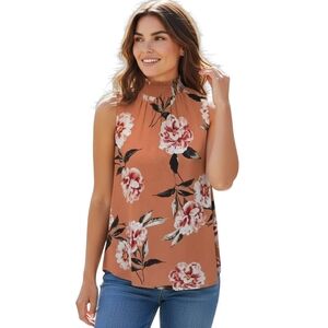 Daniel Rainn Burnt Orange Floral Sleeveless Blouse Mock Neck Boho Top M